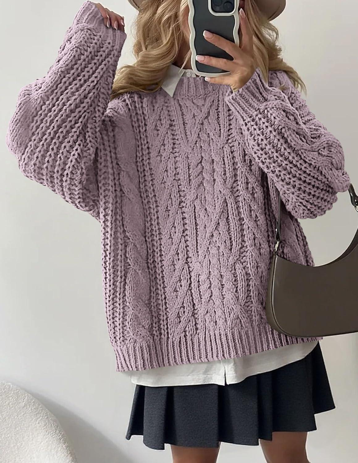 imagePRETTYGARDEN Womens Oversized Fall Sweaters 2025 Casual Long Sleeve Crewneck Chunky Cable Knit Pullover Tops Winter ClothesLight Purple