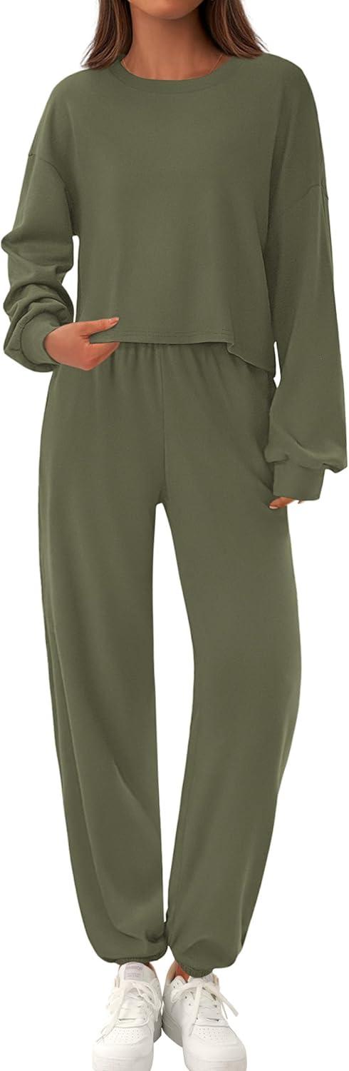 imagePRETTYGARDEN Womens Two Piece Lounge Sets 2025 Fall Airport Outfits Long Sleeve Pullover Tops Sweatpants Matching ClothingArmy Green