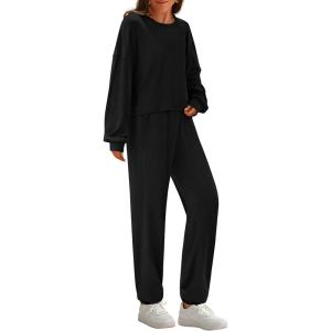 imagePRETTYGARDEN Womens Two Piece Lounge Sets 2025 Fall Airport Outfits Long Sleeve Pullover Tops Sweatpants Matching ClothingBlack