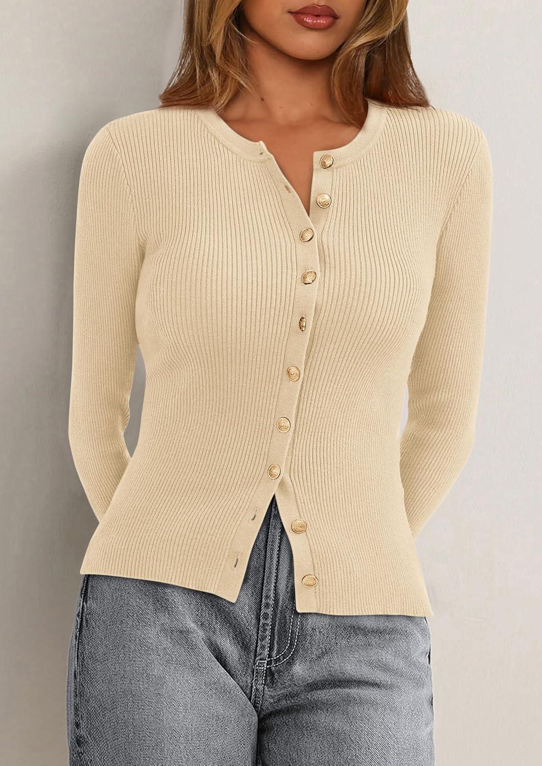 imagePRETTYGARDEN Womens 2025 Fall Cardigan Sweaters Lightweight Long Sleeve Button up Ribbed Knit Tops Winter Fashion ClothesBeige