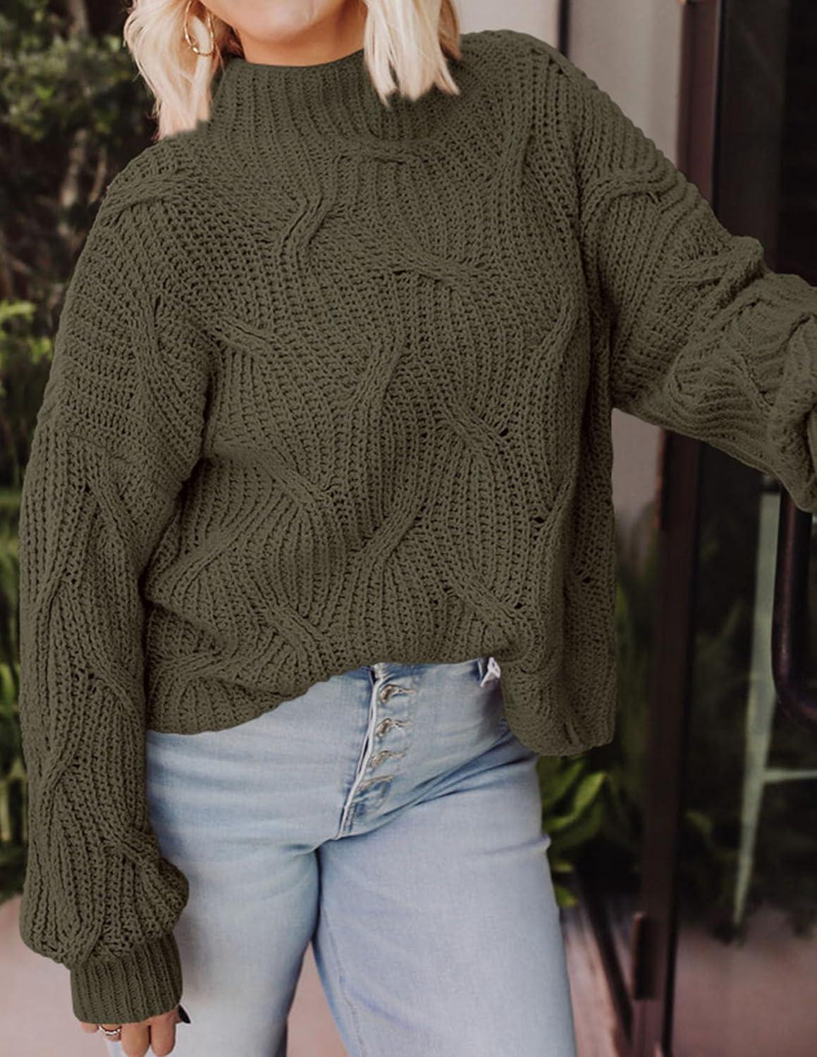 imagePRETTYGARDEN Womens Fall Oversized Pullover Sweaters Casual Crewneck Long Sleeve Chunky Cable Knit Tops Winter ClothingArmy Green