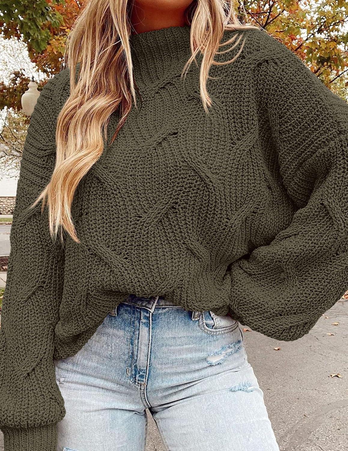 imagePRETTYGARDEN Womens Fall Oversized Pullover Sweaters Casual Crewneck Long Sleeve Chunky Cable Knit Tops Winter ClothingArmy Green