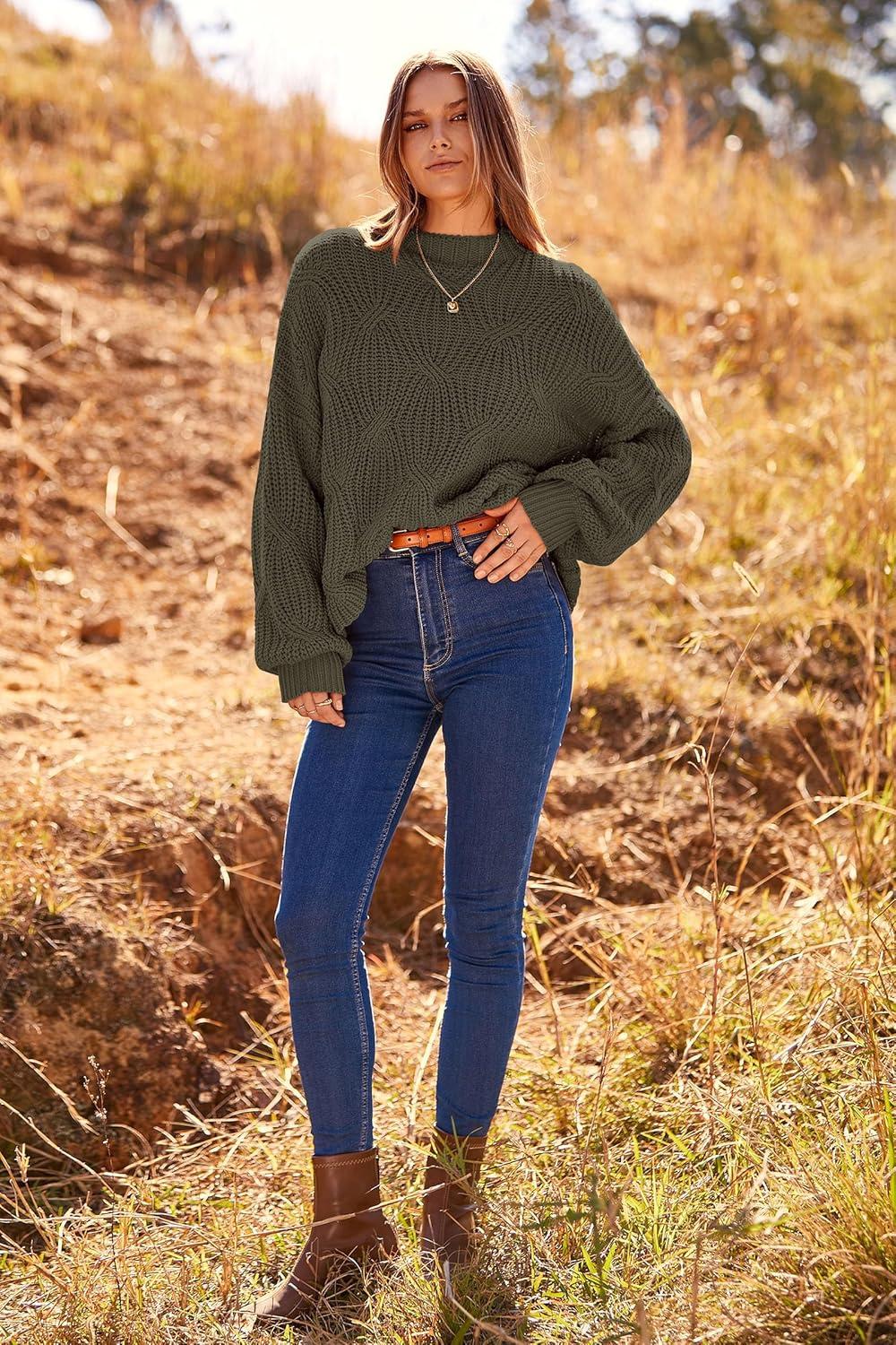 imagePRETTYGARDEN Womens Fall Oversized Pullover Sweaters Casual Crewneck Long Sleeve Chunky Cable Knit Tops Winter ClothingArmy Green