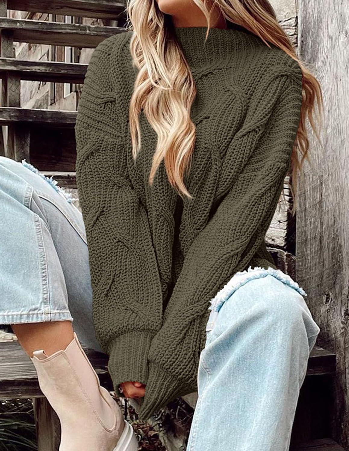 imagePRETTYGARDEN Womens Fall Oversized Pullover Sweaters Casual Crewneck Long Sleeve Chunky Cable Knit Tops Winter ClothingArmy Green