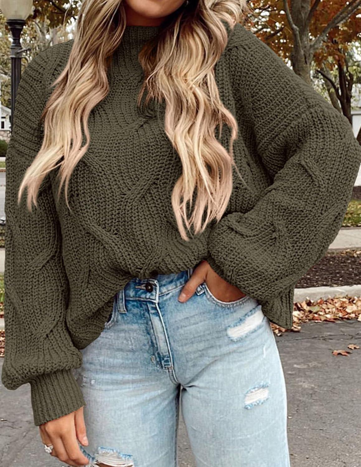 imagePRETTYGARDEN Womens Fall Oversized Pullover Sweaters Casual Crewneck Long Sleeve Chunky Cable Knit Tops Winter ClothingArmy Green