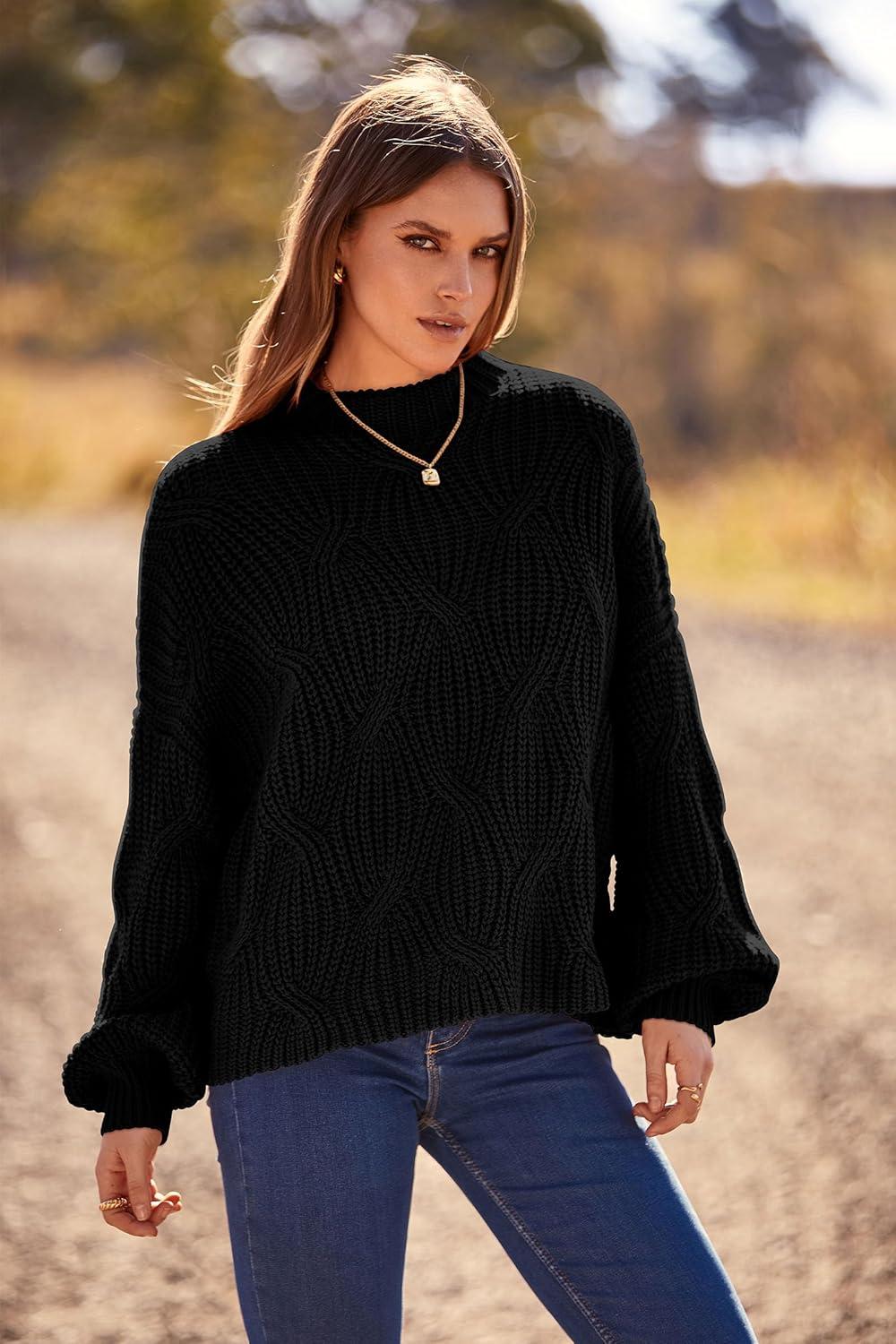 imagePRETTYGARDEN Womens Fall Oversized Pullover Sweaters Casual Crewneck Long Sleeve Chunky Cable Knit Tops Winter ClothingBlack