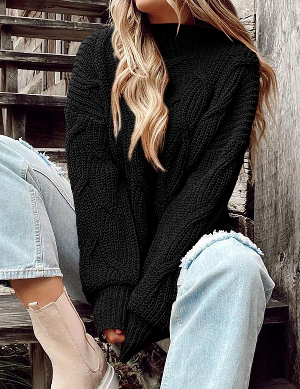 imagePRETTYGARDEN Womens Fall Oversized Pullover Sweaters Casual Crewneck Long Sleeve Chunky Cable Knit Tops Winter ClothingBlack