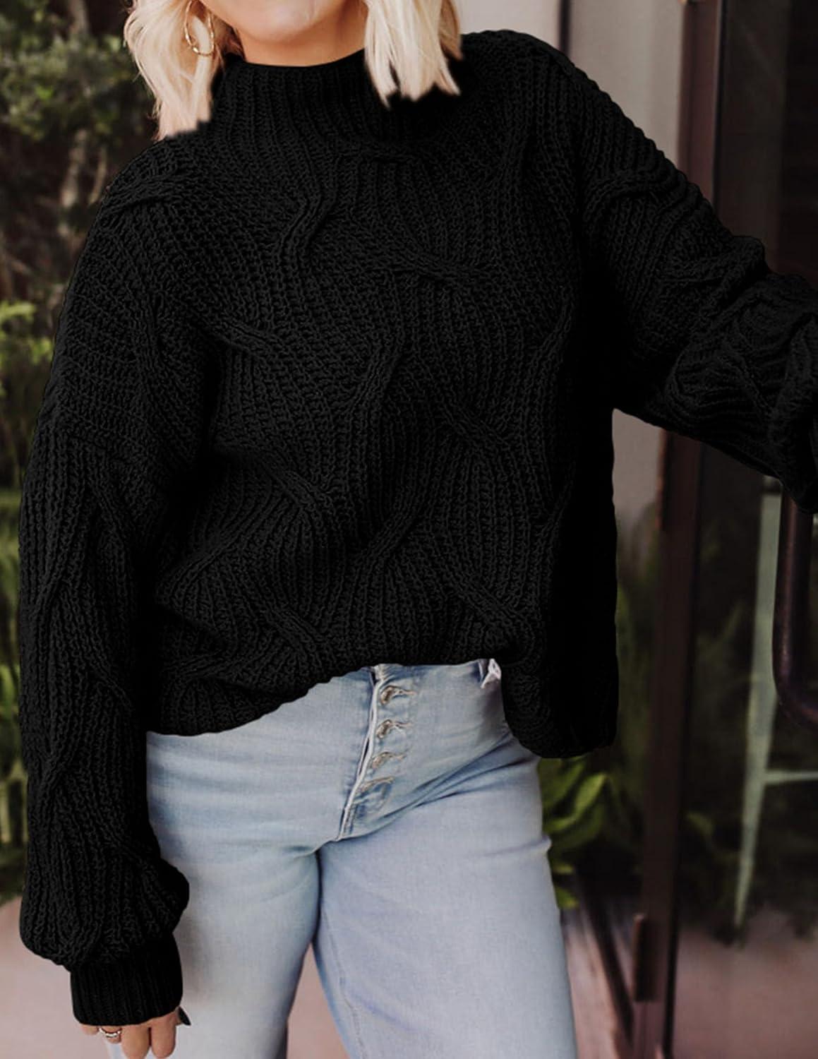 imagePRETTYGARDEN Womens Fall Oversized Pullover Sweaters Casual Crewneck Long Sleeve Chunky Cable Knit Tops Winter ClothingBlack