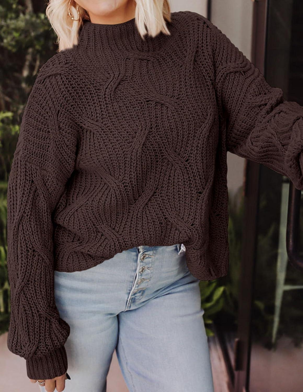 imagePRETTYGARDEN Womens Fall Oversized Pullover Sweaters Casual Crewneck Long Sleeve Chunky Cable Knit Tops Winter ClothingCoffee