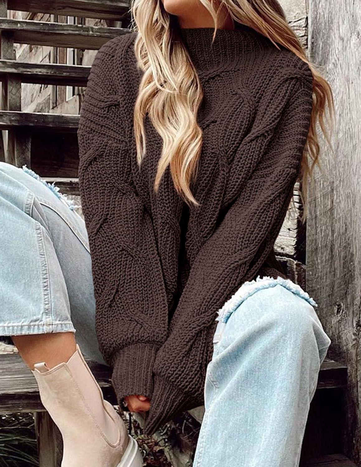 imagePRETTYGARDEN Womens Fall Oversized Pullover Sweaters Casual Crewneck Long Sleeve Chunky Cable Knit Tops Winter ClothingCoffee