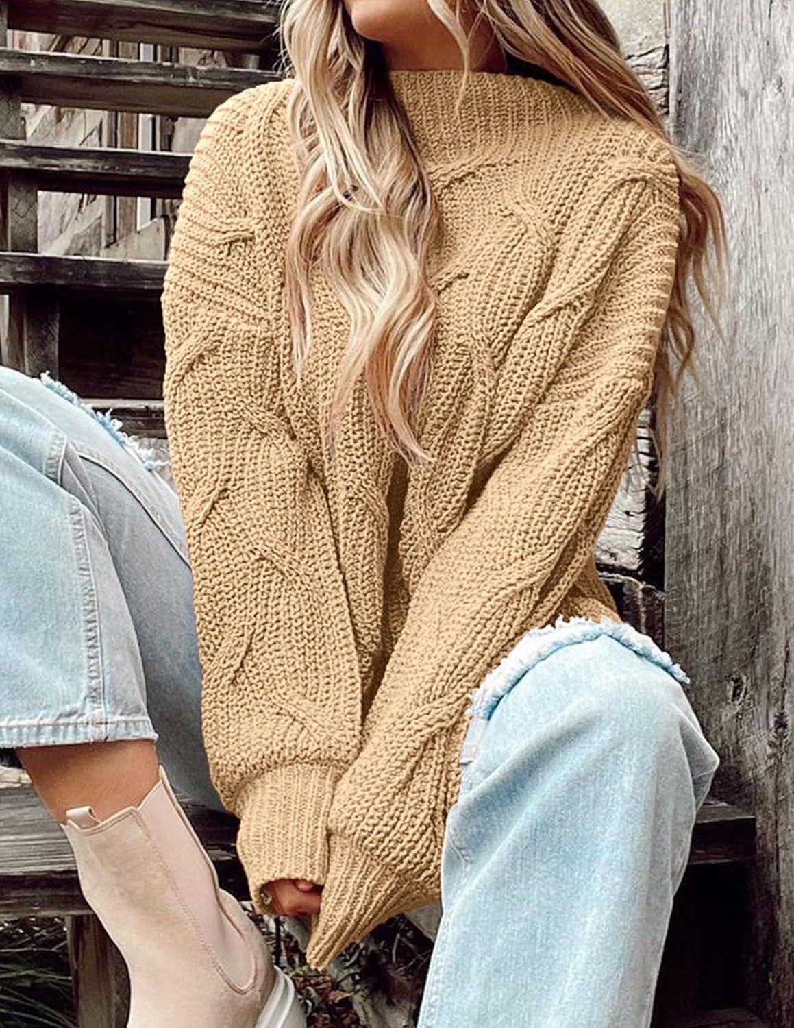 imagePRETTYGARDEN Womens Fall Oversized Pullover Sweaters Casual Crewneck Long Sleeve Chunky Cable Knit Tops Winter ClothingDark Apricot