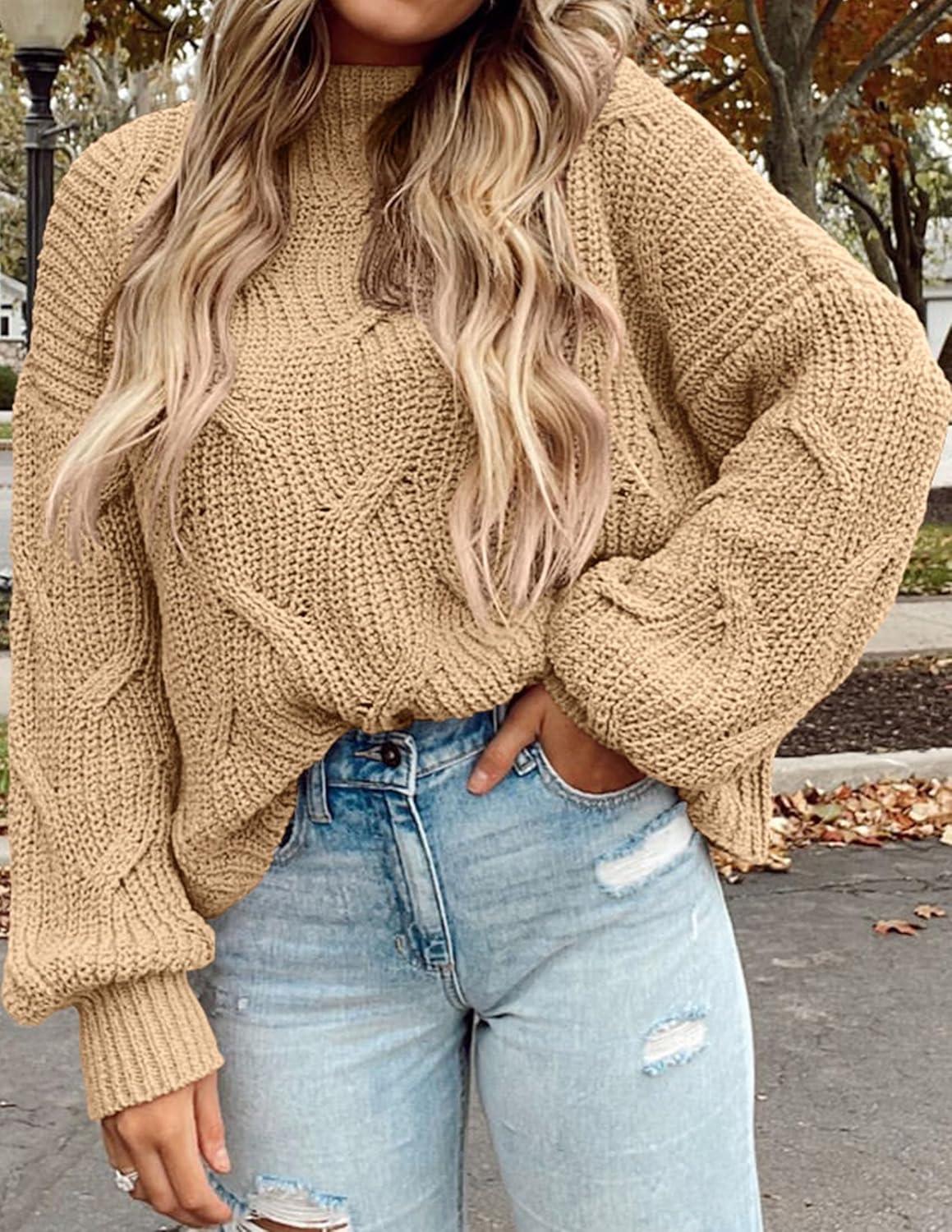 imagePRETTYGARDEN Womens Fall Oversized Pullover Sweaters Casual Crewneck Long Sleeve Chunky Cable Knit Tops Winter ClothingDark Apricot