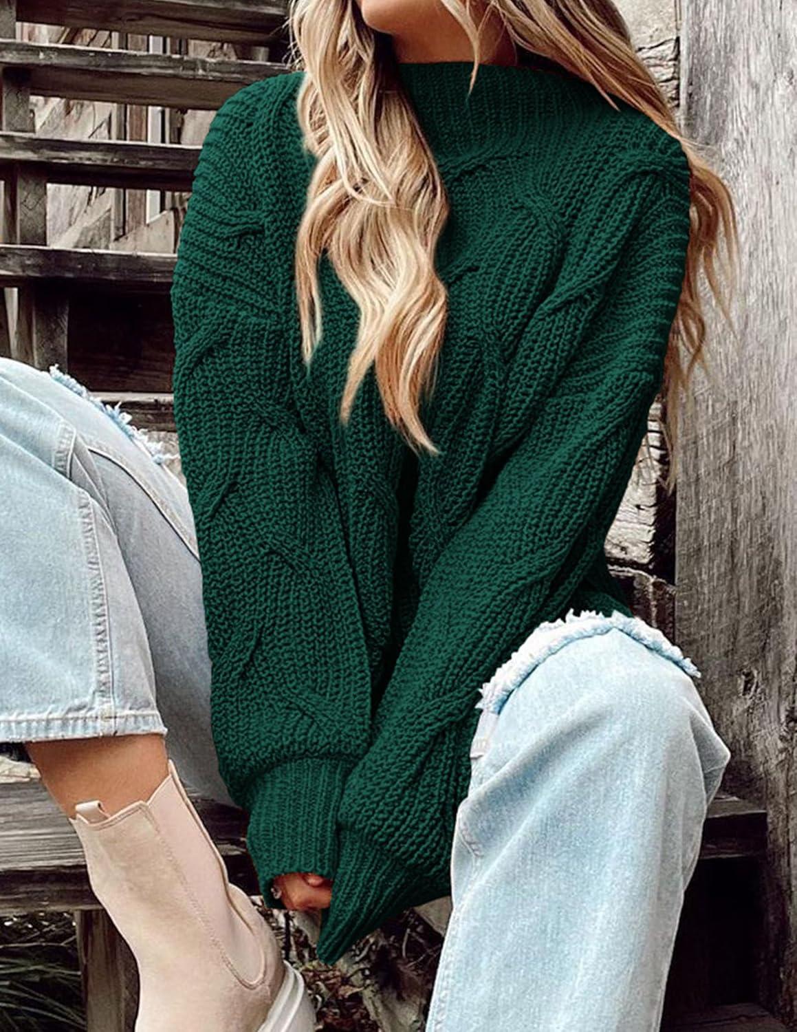imagePRETTYGARDEN Womens Fall Oversized Pullover Sweaters Casual Crewneck Long Sleeve Chunky Cable Knit Tops Winter ClothingDark Green