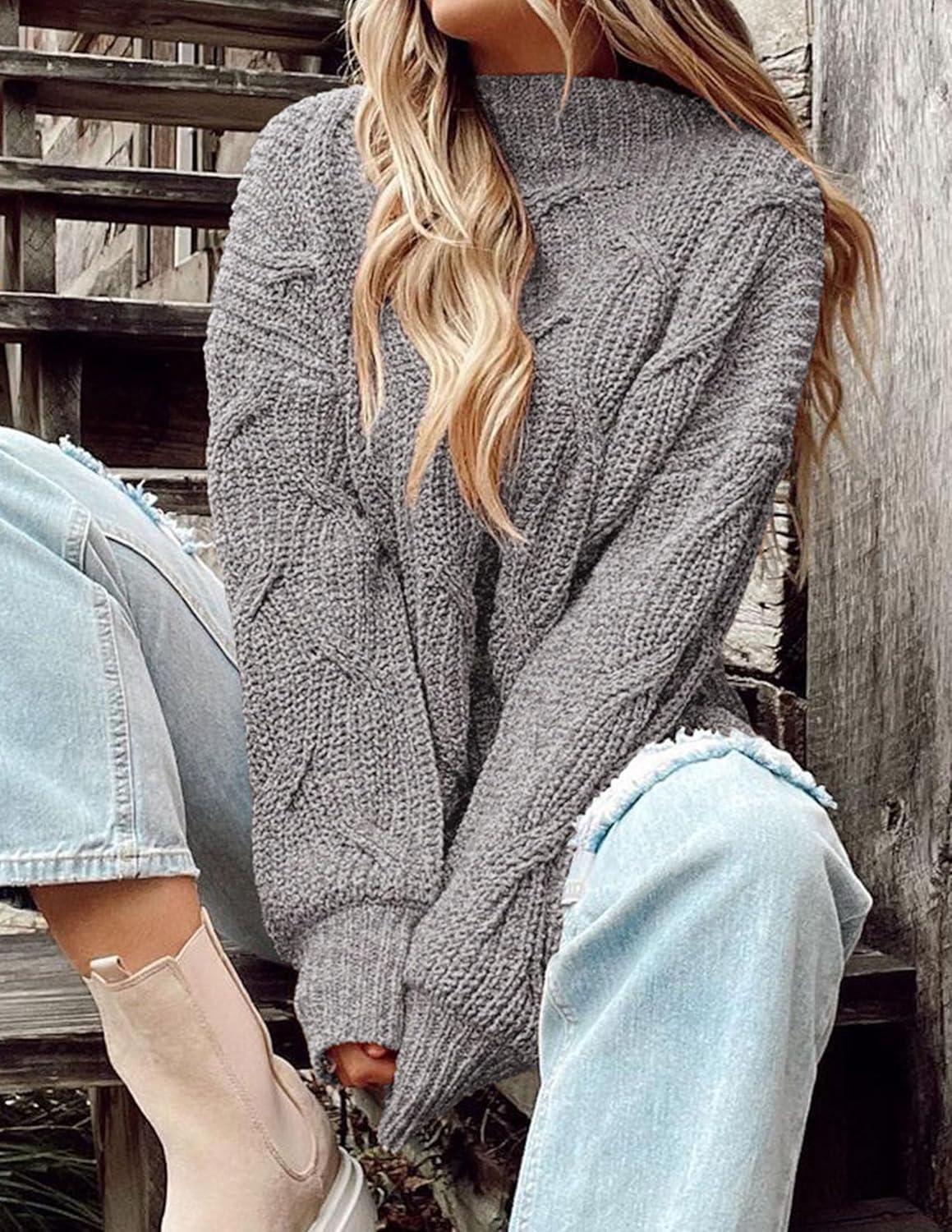 imagePRETTYGARDEN Womens Fall Oversized Pullover Sweaters Casual Crewneck Long Sleeve Chunky Cable Knit Tops Winter ClothingGrey