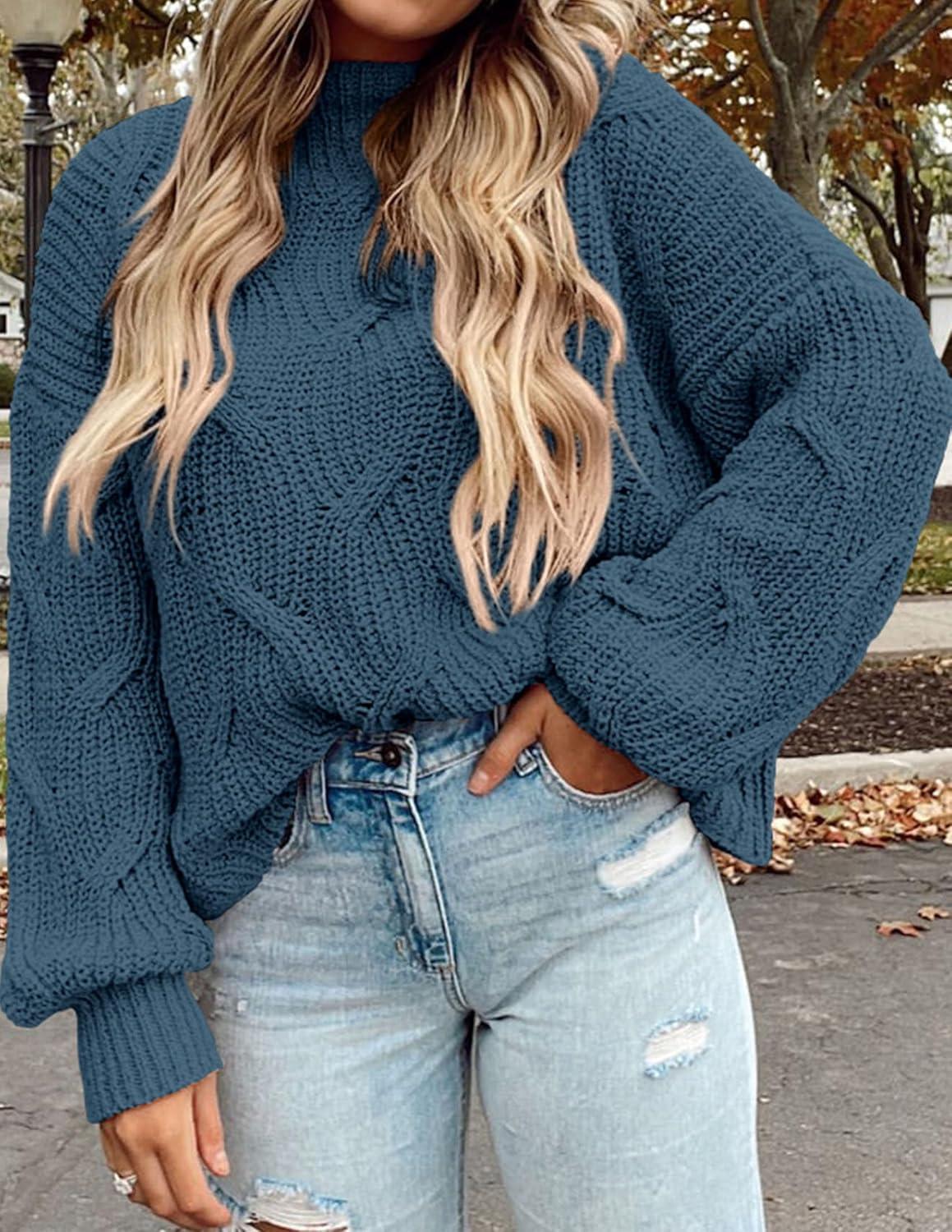 imagePRETTYGARDEN Womens Fall Oversized Pullover Sweaters Casual Crewneck Long Sleeve Chunky Cable Knit Tops Winter ClothingGrey Blue
