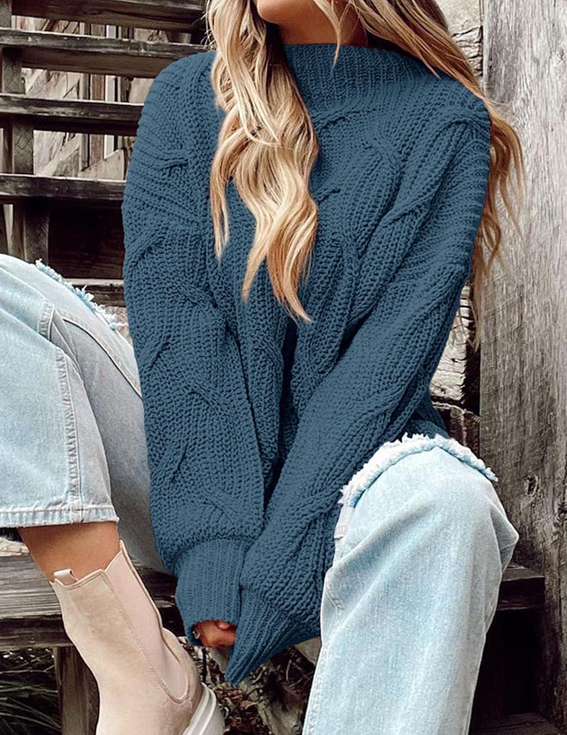 imagePRETTYGARDEN Womens Fall Oversized Pullover Sweaters Casual Crewneck Long Sleeve Chunky Cable Knit Tops Winter ClothingGrey Blue
