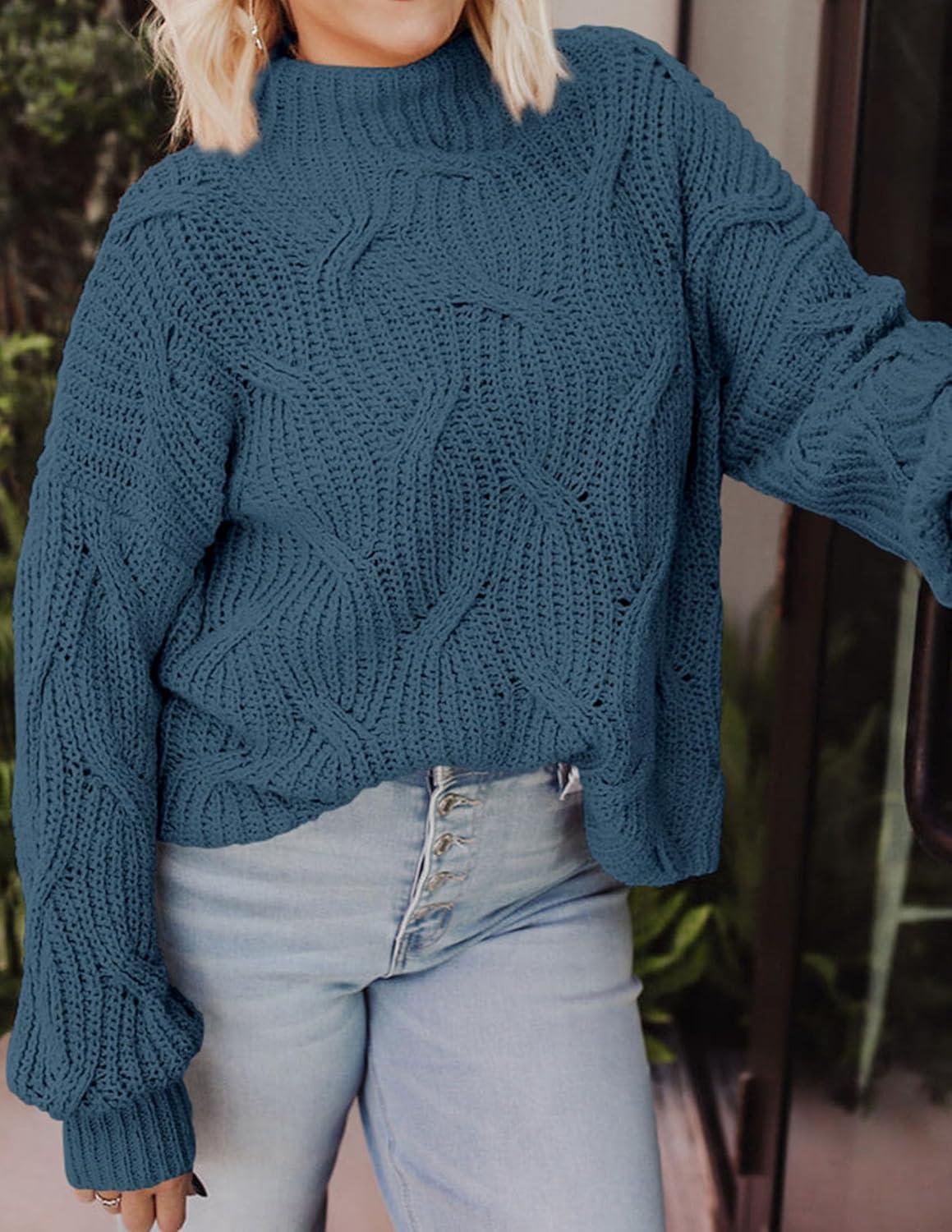 imagePRETTYGARDEN Womens Fall Oversized Pullover Sweaters Casual Crewneck Long Sleeve Chunky Cable Knit Tops Winter ClothingGrey Blue
