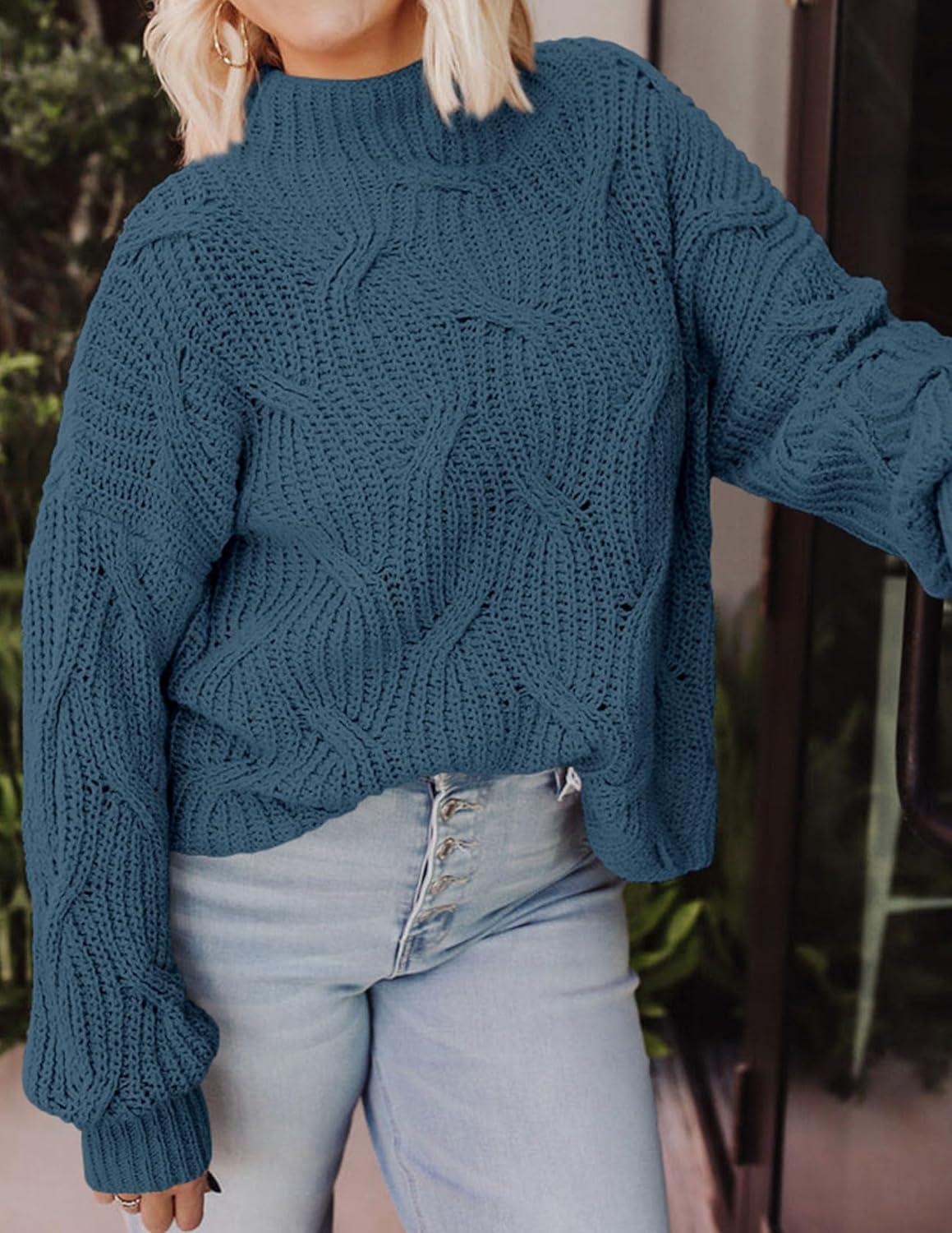 imagePRETTYGARDEN Womens Fall Oversized Pullover Sweaters Casual Crewneck Long Sleeve Chunky Cable Knit Tops Winter ClothingGrey Blue
