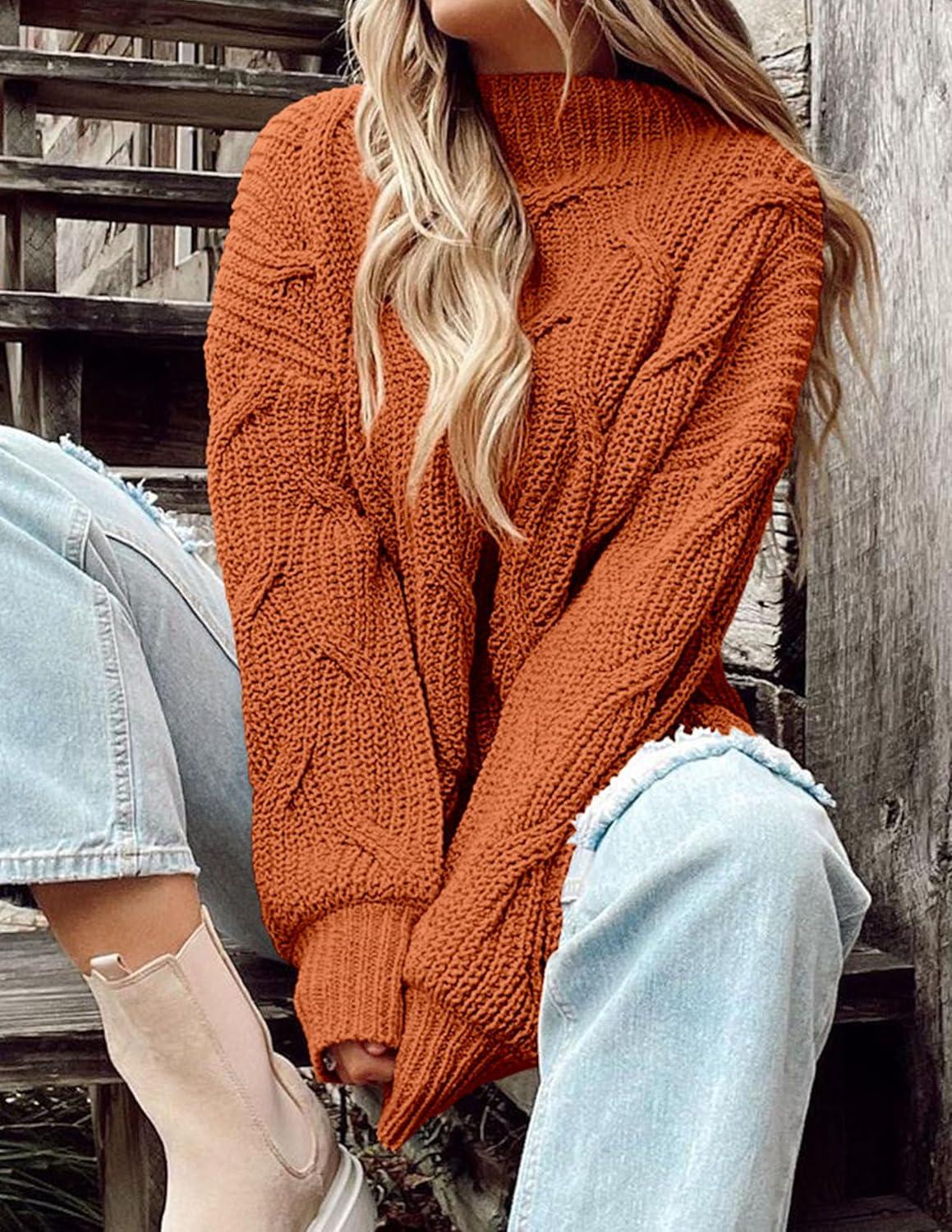 imagePRETTYGARDEN Womens Fall Oversized Pullover Sweaters Casual Crewneck Long Sleeve Chunky Cable Knit Tops Winter ClothingRust Red