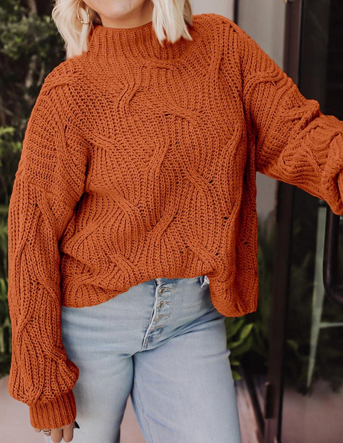imagePRETTYGARDEN Womens Fall Oversized Pullover Sweaters Casual Crewneck Long Sleeve Chunky Cable Knit Tops Winter ClothingRust Red