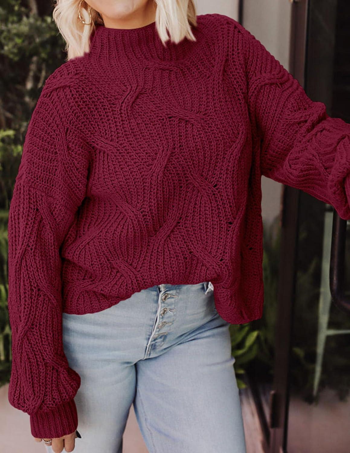 imagePRETTYGARDEN Womens Fall Oversized Pullover Sweaters Casual Crewneck Long Sleeve Chunky Cable Knit Tops Winter ClothingWine Red