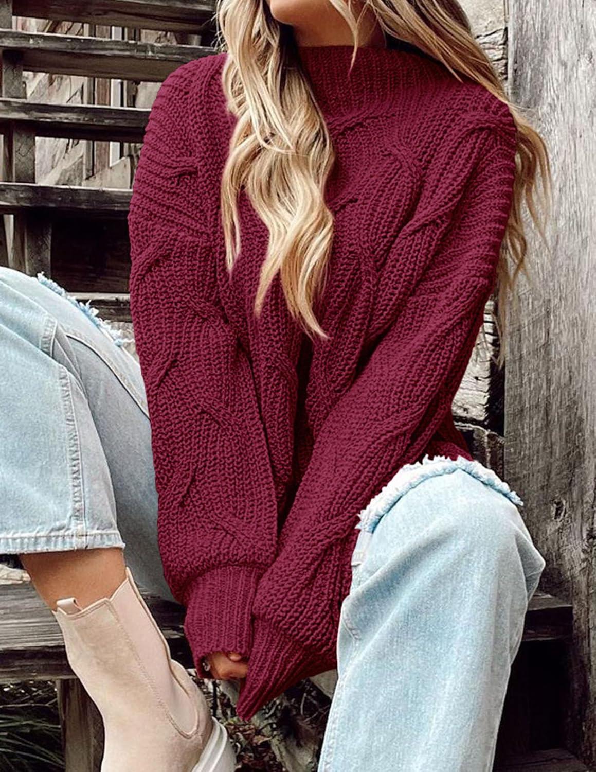 imagePRETTYGARDEN Womens Fall Oversized Pullover Sweaters Casual Crewneck Long Sleeve Chunky Cable Knit Tops Winter ClothingWine Red