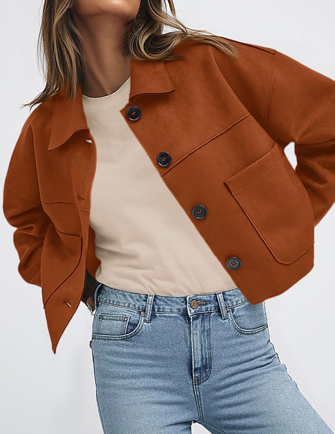 imagePRETTYGARDEN Womens Faux Suede Cropped Jacket Casual Lightweight Fall Fashion 2025 Winter Coats Outerwear Trendy ClothesBurnt Orange