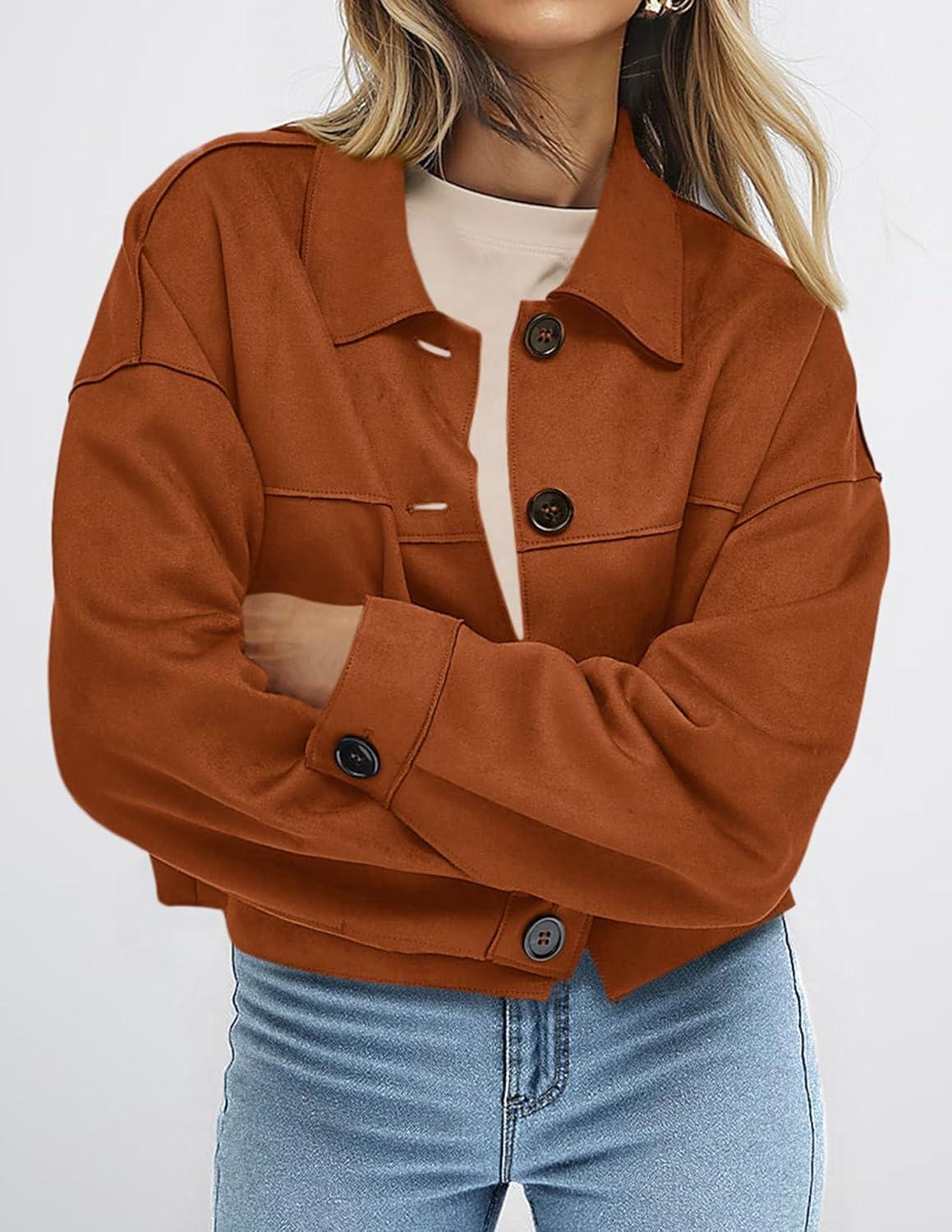 imagePRETTYGARDEN Womens Faux Suede Cropped Jacket Casual Lightweight Fall Fashion 2025 Winter Coats Outerwear Trendy ClothesBurnt Orange
