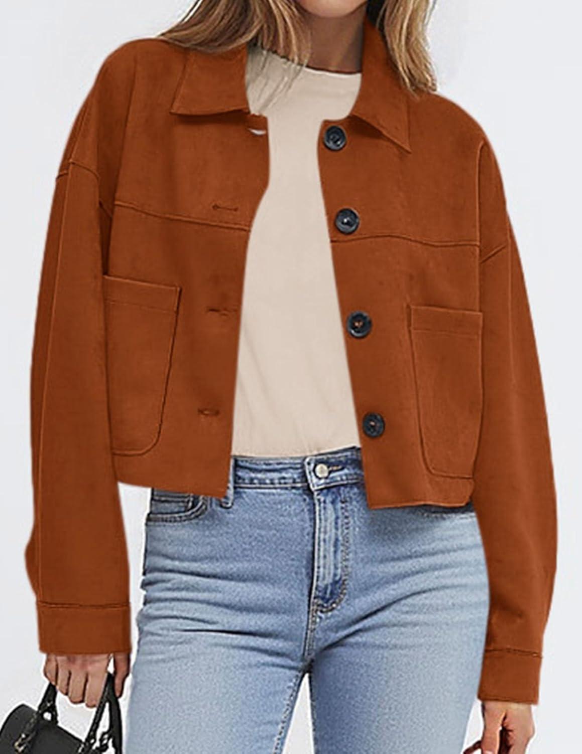 imagePRETTYGARDEN Womens Faux Suede Cropped Jacket Casual Lightweight Fall Fashion 2025 Winter Coats Outerwear Trendy ClothesBurnt Orange