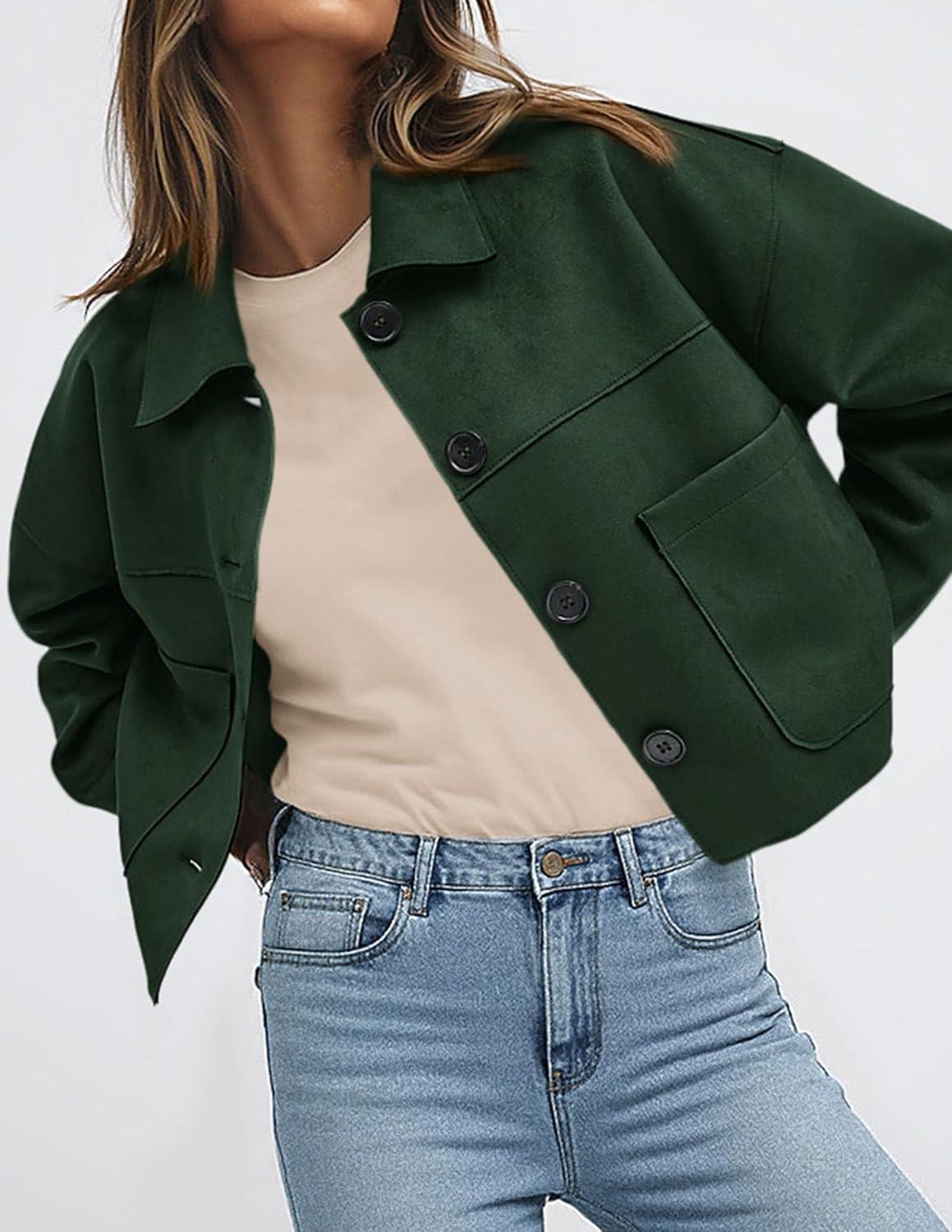 imagePRETTYGARDEN Womens Faux Suede Cropped Jacket Casual Lightweight Fall Fashion 2025 Winter Coats Outerwear Trendy ClothesDark Green