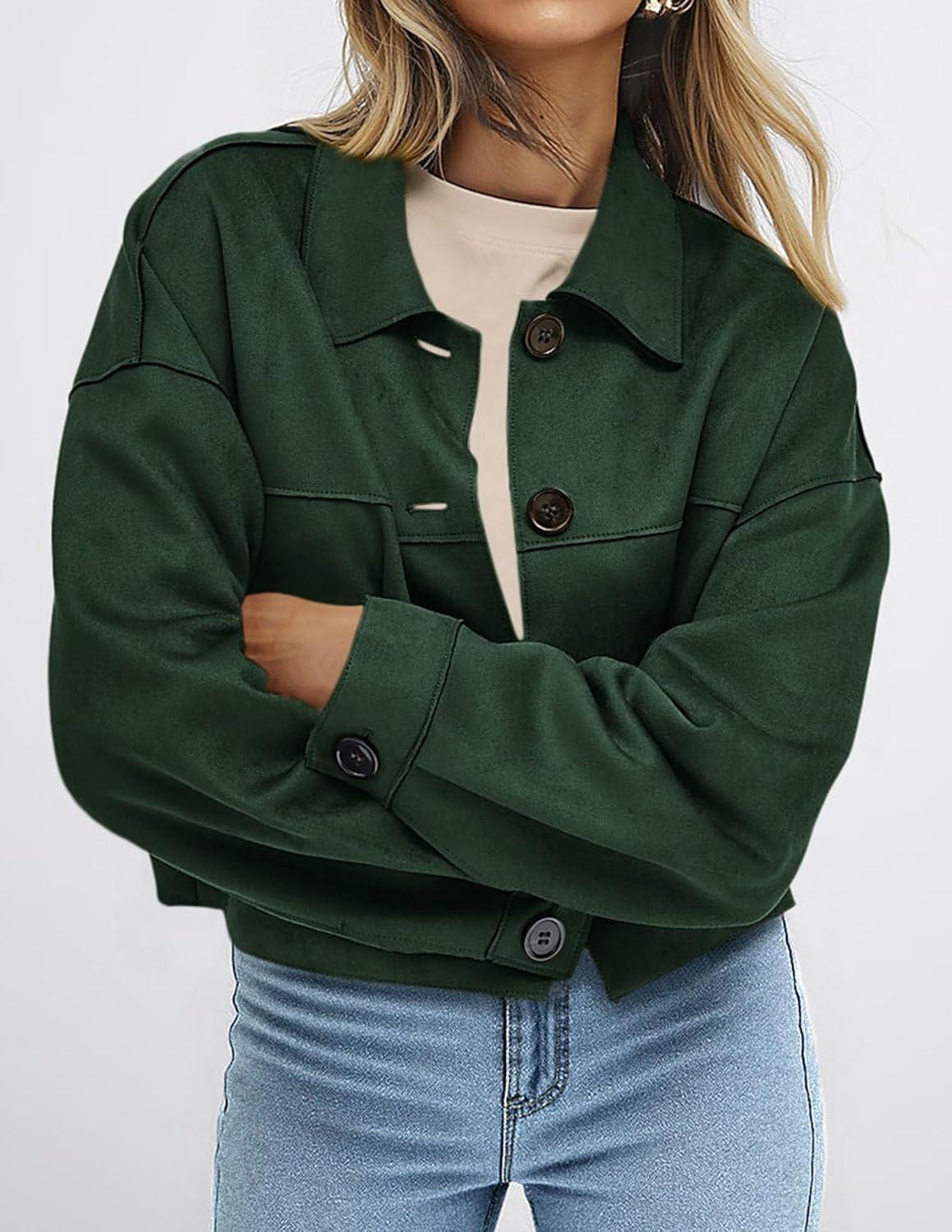 imagePRETTYGARDEN Womens Faux Suede Cropped Jacket Casual Lightweight Fall Fashion 2025 Winter Coats Outerwear Trendy ClothesDark Green