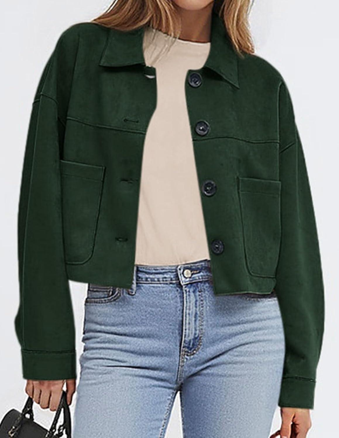 imagePRETTYGARDEN Womens Faux Suede Cropped Jacket Casual Lightweight Fall Fashion 2025 Winter Coats Outerwear Trendy ClothesDark Green