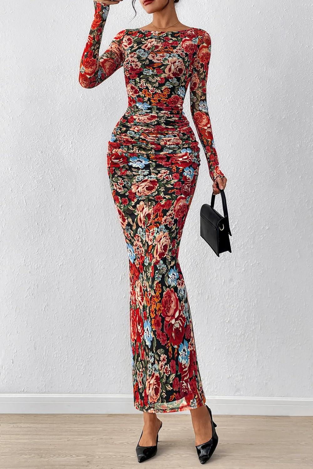 imagePRETTYGARDEN Womens Long Sleeve Bodycon Dresses 2025 Fall Sexy Floral Mesh Slit Ruched Tight Maxi Wedding Guest DressFloral Black Multicolored