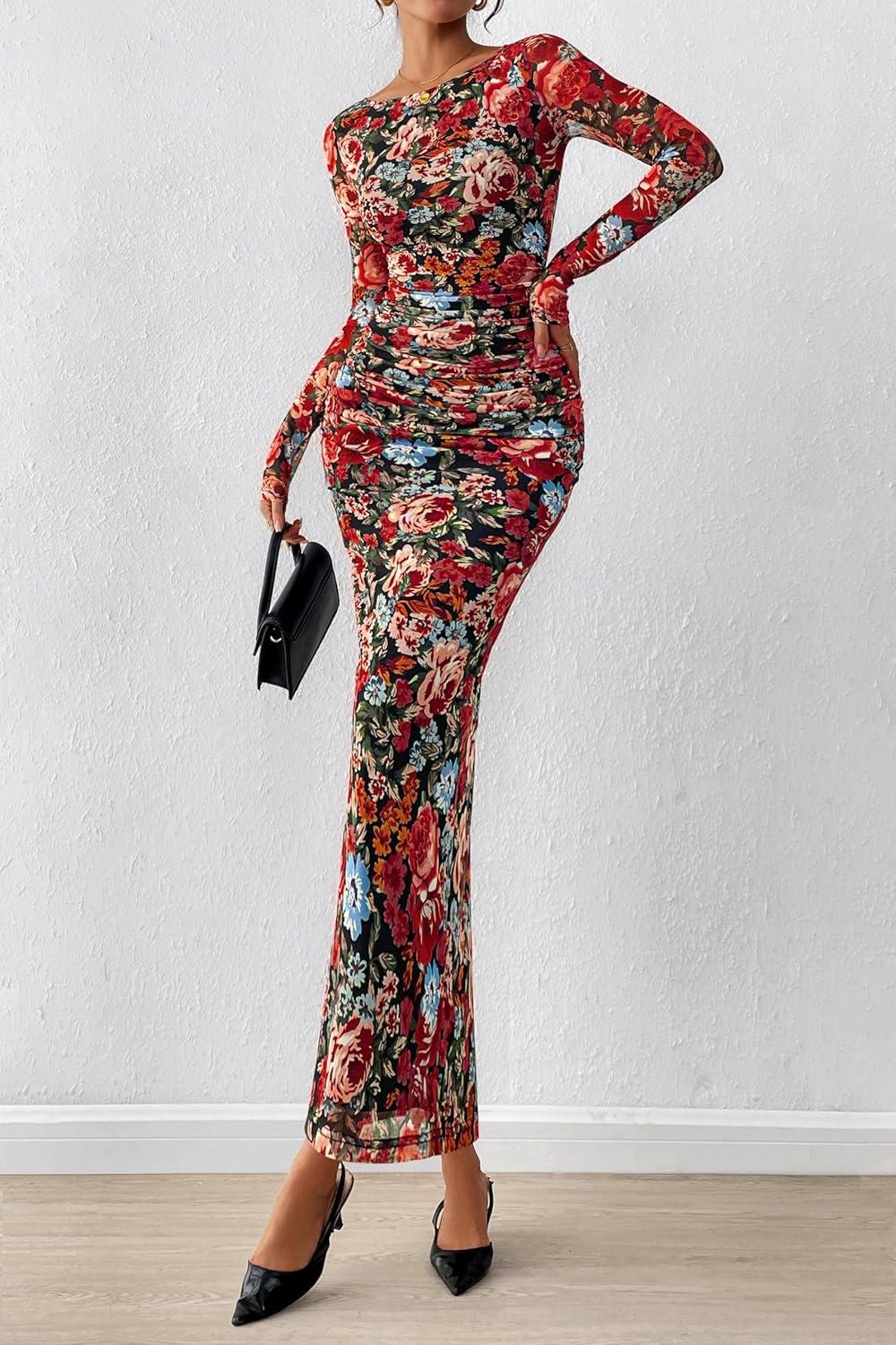 imagePRETTYGARDEN Womens Long Sleeve Bodycon Dresses 2025 Fall Sexy Floral Mesh Slit Ruched Tight Maxi Wedding Guest DressFloral Black Multicolored