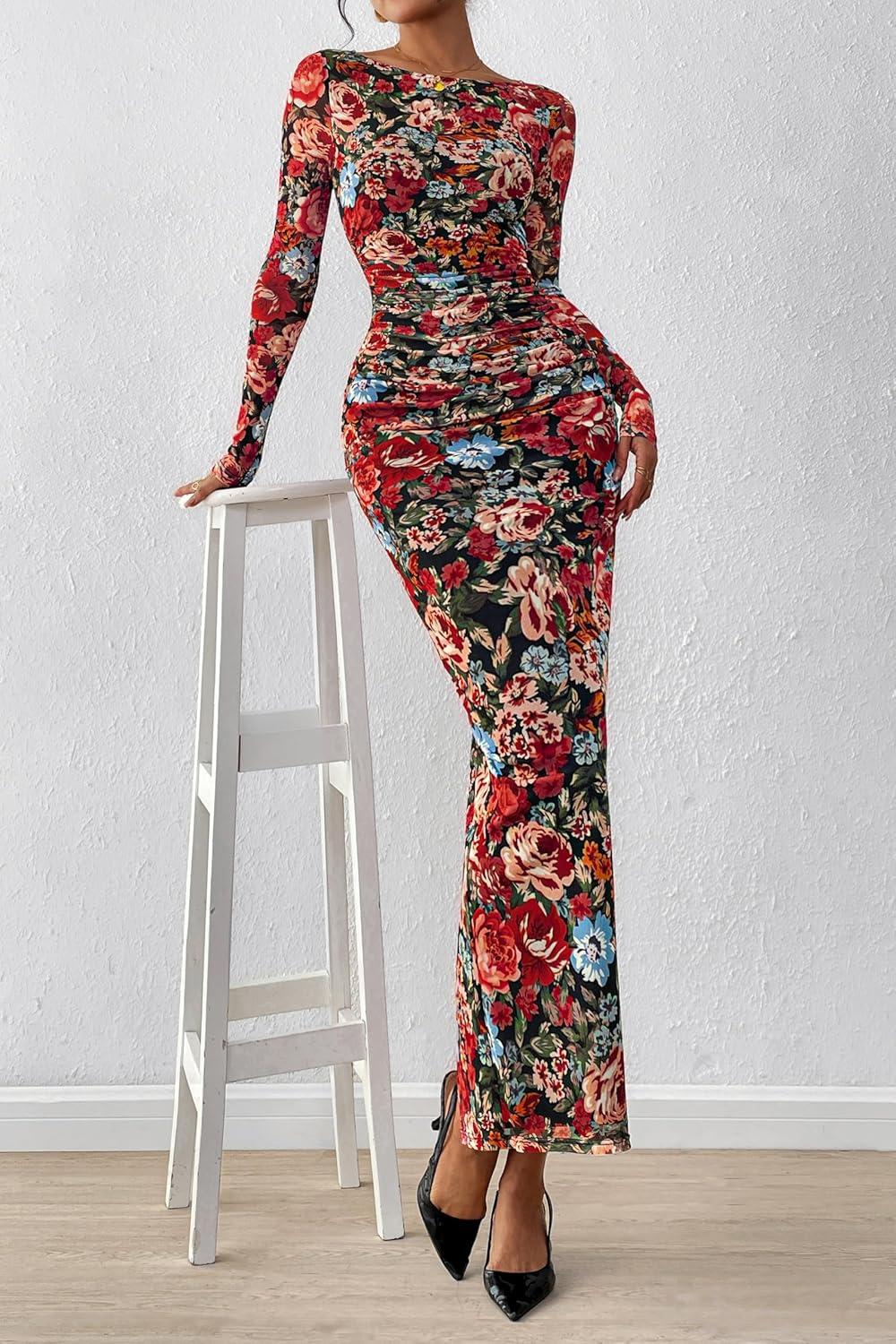 imagePRETTYGARDEN Womens Long Sleeve Bodycon Dresses 2025 Fall Sexy Floral Mesh Slit Ruched Tight Maxi Wedding Guest DressFloral Black Multicolored