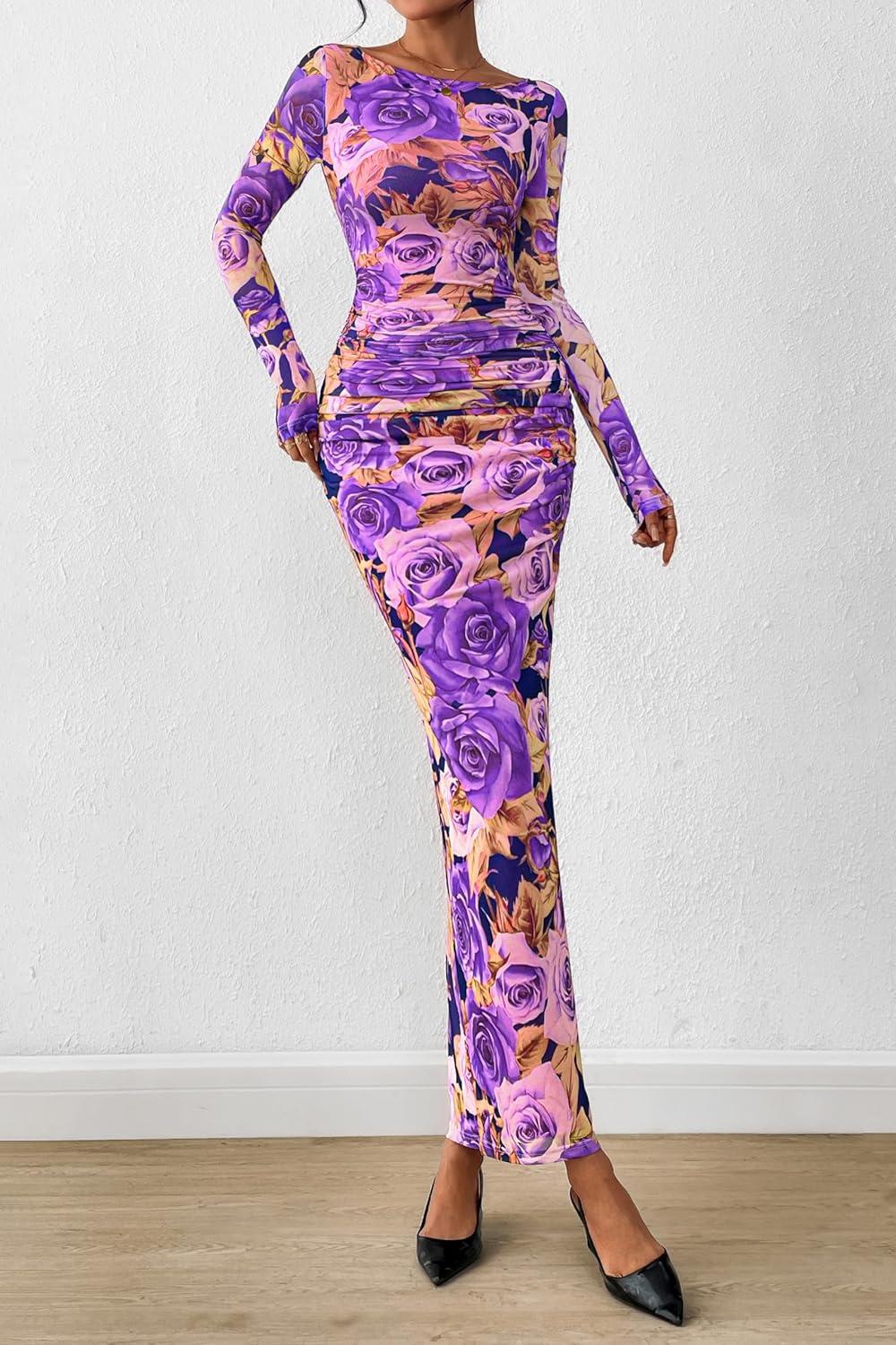 imagePRETTYGARDEN Womens Long Sleeve Bodycon Dresses 2025 Fall Sexy Floral Mesh Slit Ruched Tight Maxi Wedding Guest DressFloral Grey Purple