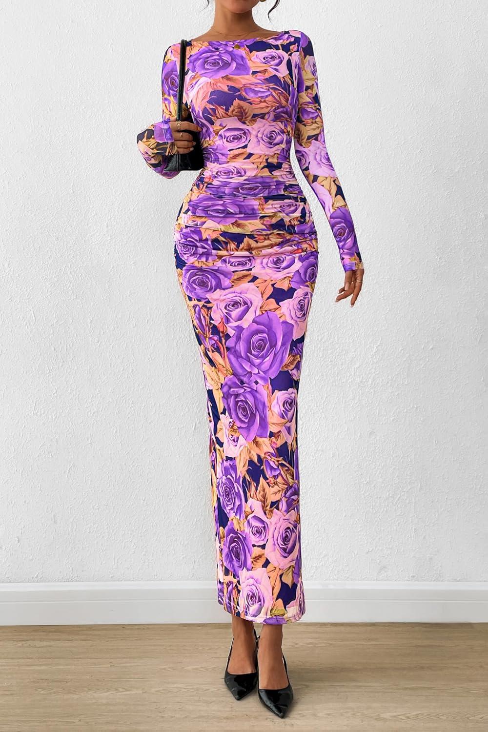 imagePRETTYGARDEN Womens Long Sleeve Bodycon Dresses 2025 Fall Sexy Floral Mesh Slit Ruched Tight Maxi Wedding Guest DressFloral Grey Purple