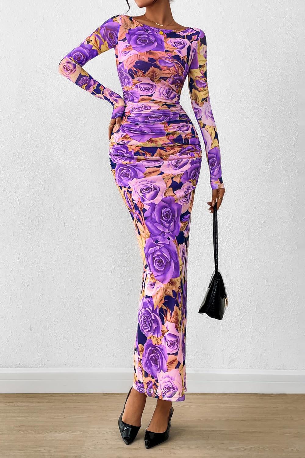 imagePRETTYGARDEN Womens Long Sleeve Bodycon Dresses 2025 Fall Sexy Floral Mesh Slit Ruched Tight Maxi Wedding Guest DressFloral Grey Purple