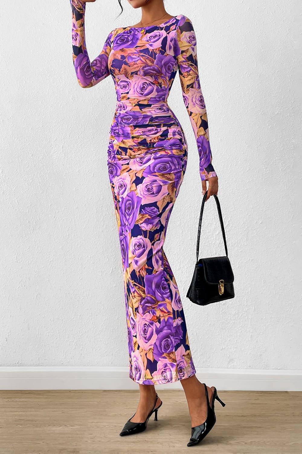 imagePRETTYGARDEN Womens Long Sleeve Bodycon Dresses 2025 Fall Sexy Floral Mesh Slit Ruched Tight Maxi Wedding Guest DressFloral Grey Purple