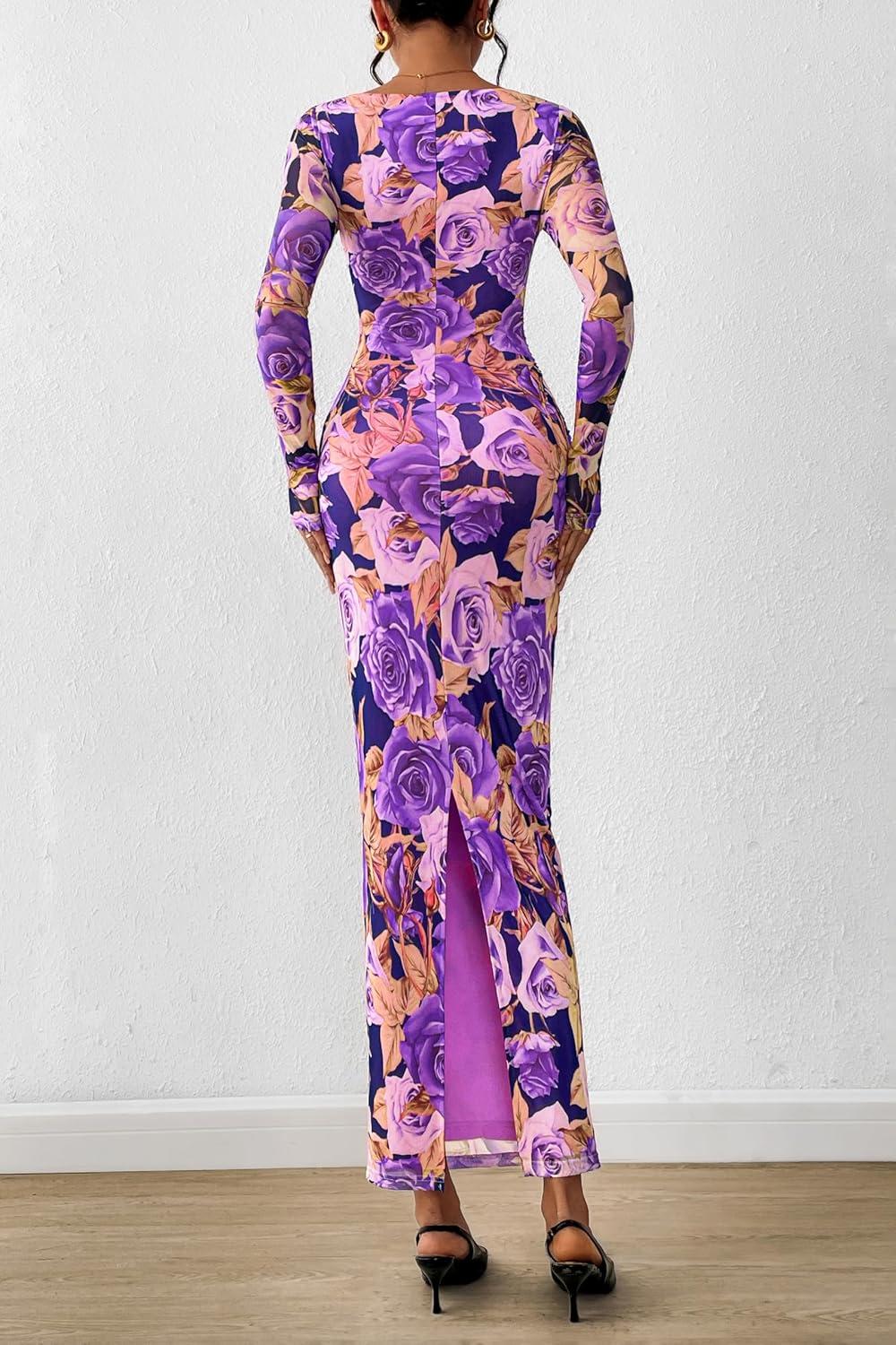 imagePRETTYGARDEN Womens Long Sleeve Bodycon Dresses 2025 Fall Sexy Floral Mesh Slit Ruched Tight Maxi Wedding Guest DressFloral Grey Purple
