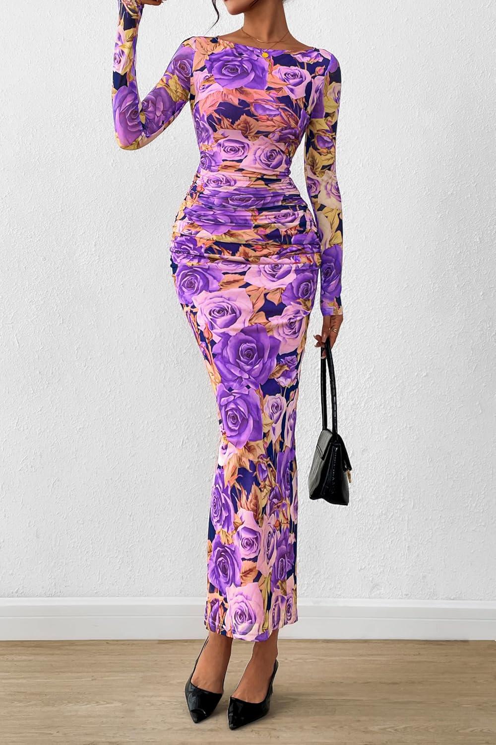 imagePRETTYGARDEN Womens Long Sleeve Bodycon Dresses 2025 Fall Sexy Floral Mesh Slit Ruched Tight Maxi Wedding Guest DressFloral Grey Purple