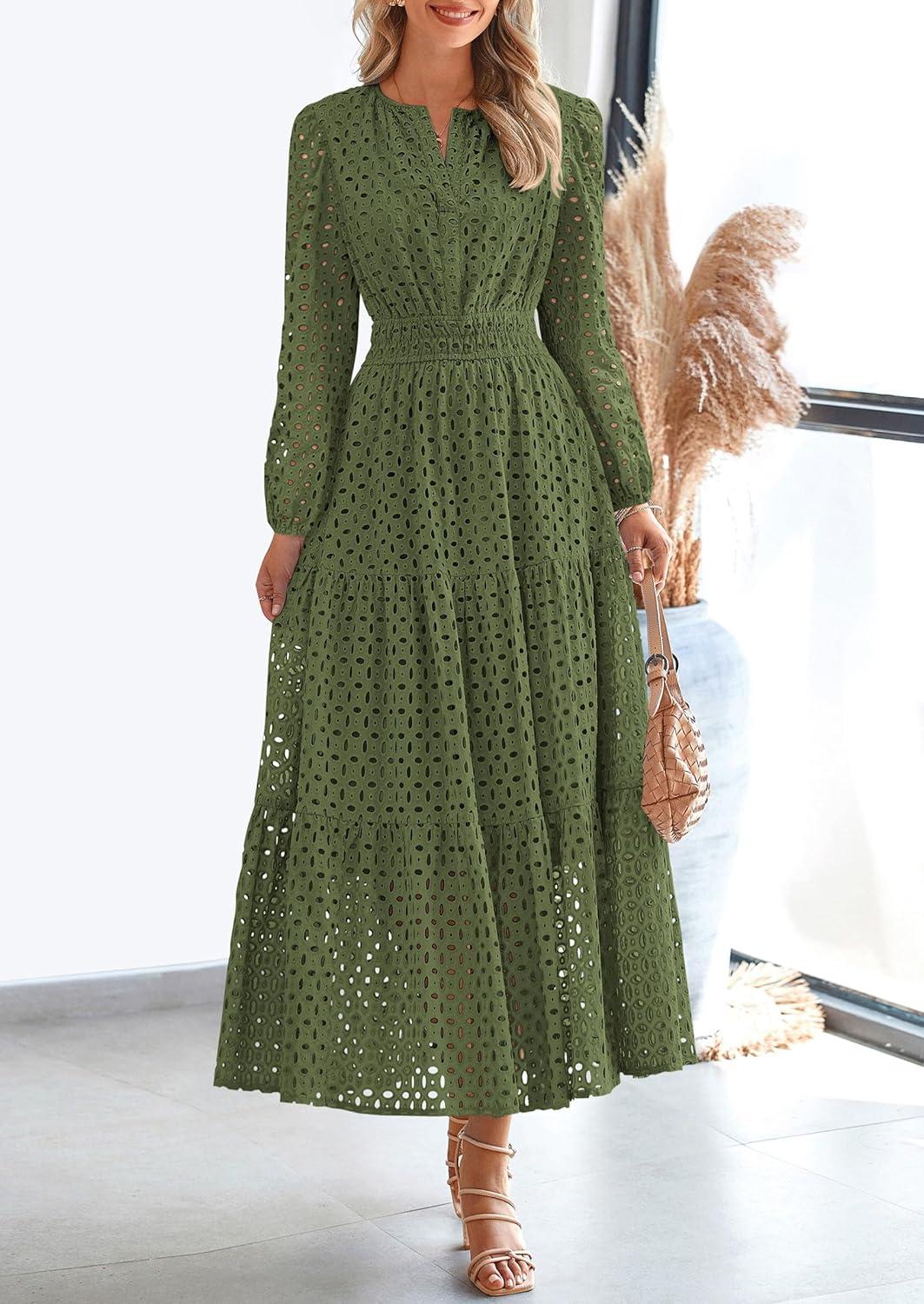 imagePRETTYGARDEN Womens Long Sleeve Maxi Dress V Neck Hollow Out Eyelet A Line Long Flowy 2025 Fall Wedding Guest DressesArmy Green
