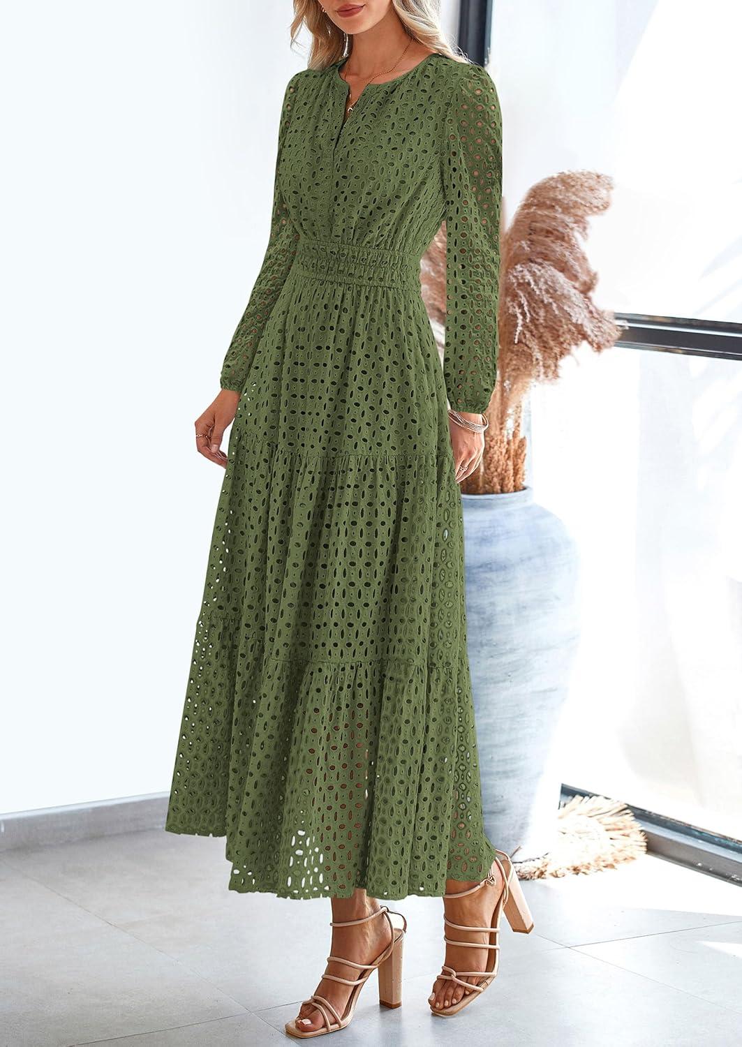 imagePRETTYGARDEN Womens Long Sleeve Maxi Dress V Neck Hollow Out Eyelet A Line Long Flowy 2025 Fall Wedding Guest DressesArmy Green
