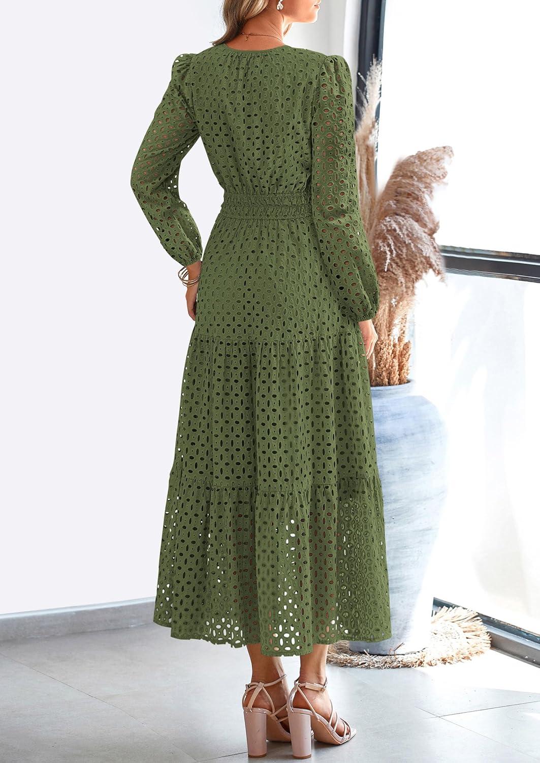 imagePRETTYGARDEN Womens Long Sleeve Maxi Dress V Neck Hollow Out Eyelet A Line Long Flowy 2025 Fall Wedding Guest DressesArmy Green