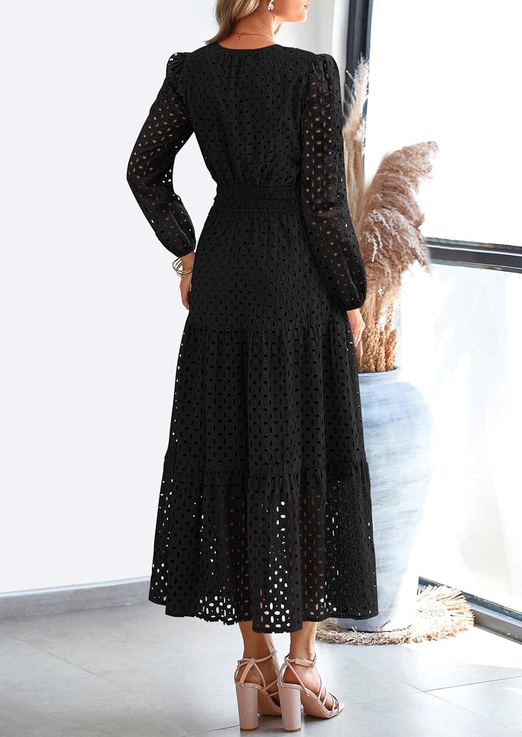 imagePRETTYGARDEN Womens Long Sleeve Maxi Dress V Neck Hollow Out Eyelet A Line Long Flowy 2025 Fall Wedding Guest DressesBlack