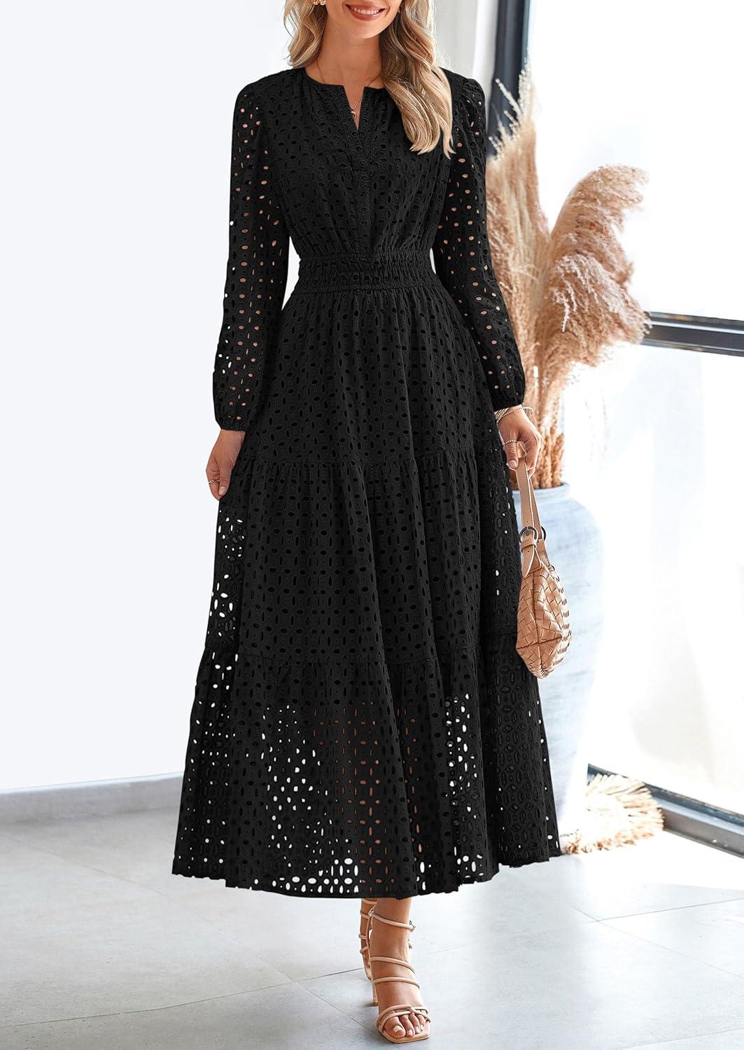 imagePRETTYGARDEN Womens Long Sleeve Maxi Dress V Neck Hollow Out Eyelet A Line Long Flowy 2025 Fall Wedding Guest DressesBlack