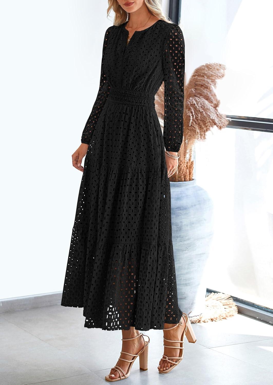 imagePRETTYGARDEN Womens Long Sleeve Maxi Dress V Neck Hollow Out Eyelet A Line Long Flowy 2025 Fall Wedding Guest DressesBlack