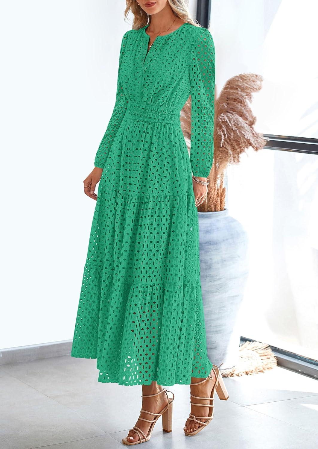 imagePRETTYGARDEN Womens Long Sleeve Maxi Dress V Neck Hollow Out Eyelet A Line Long Flowy 2025 Fall Wedding Guest DressesGreen