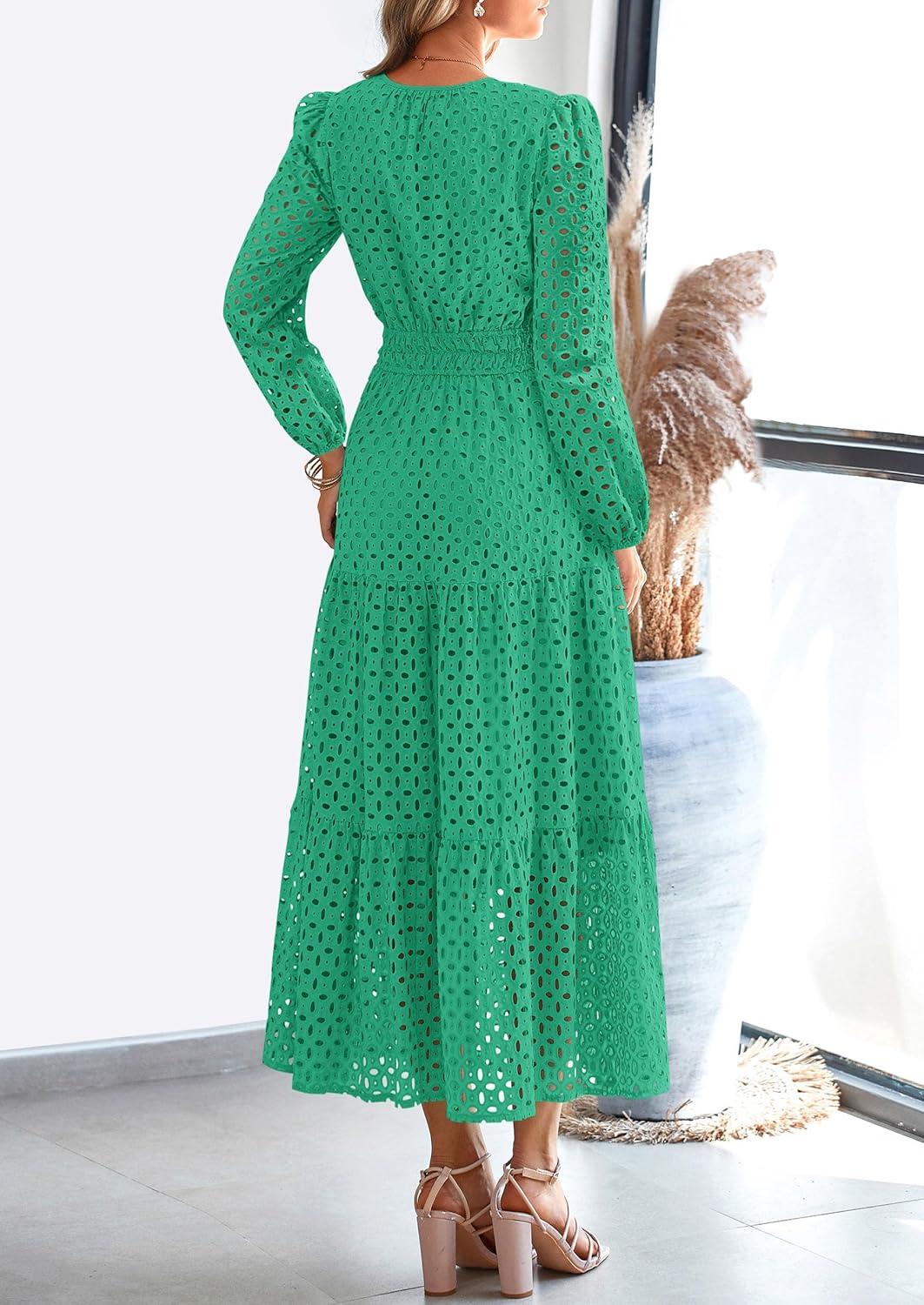 imagePRETTYGARDEN Womens Long Sleeve Maxi Dress V Neck Hollow Out Eyelet A Line Long Flowy 2025 Fall Wedding Guest DressesGreen
