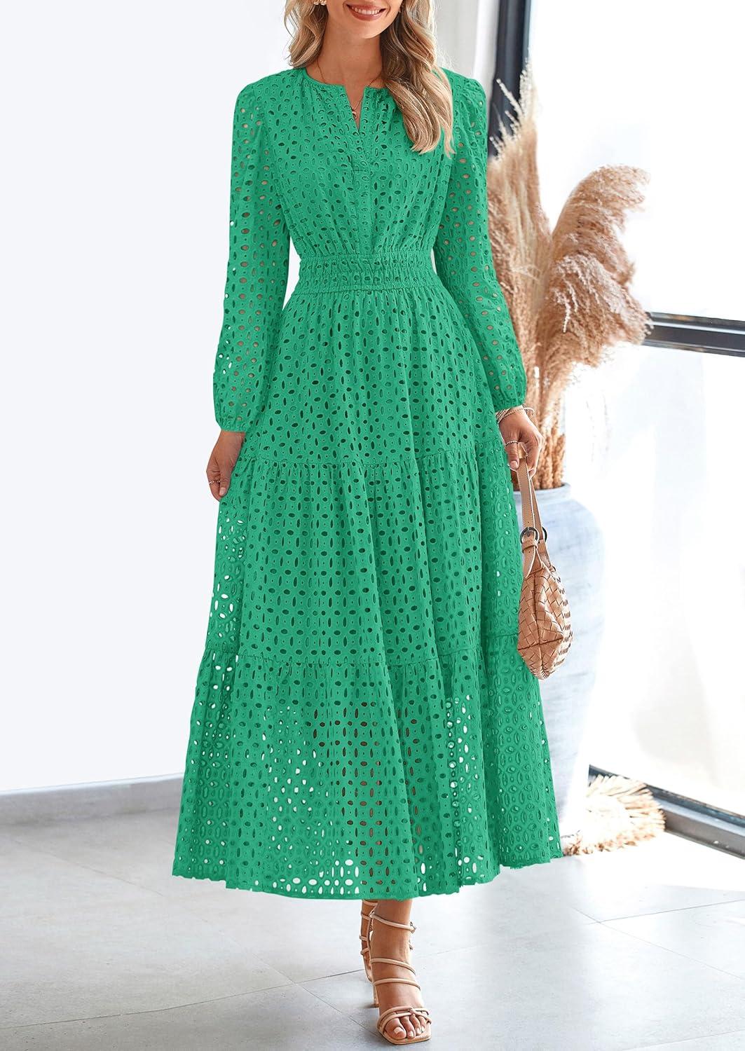 imagePRETTYGARDEN Womens Long Sleeve Maxi Dress V Neck Hollow Out Eyelet A Line Long Flowy 2025 Fall Wedding Guest DressesGreen